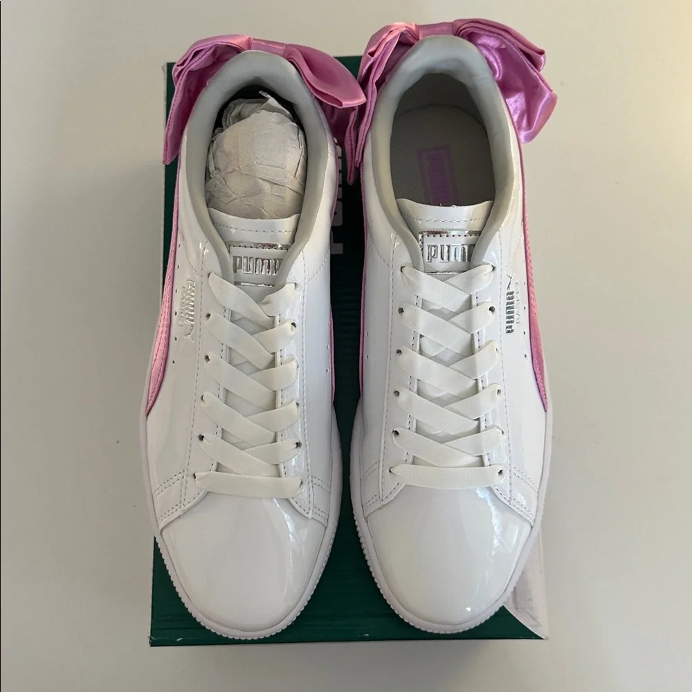 Puma Basket Low Varsity Bow Shoes Patent Leather White Orchid Gray Junior Size 5